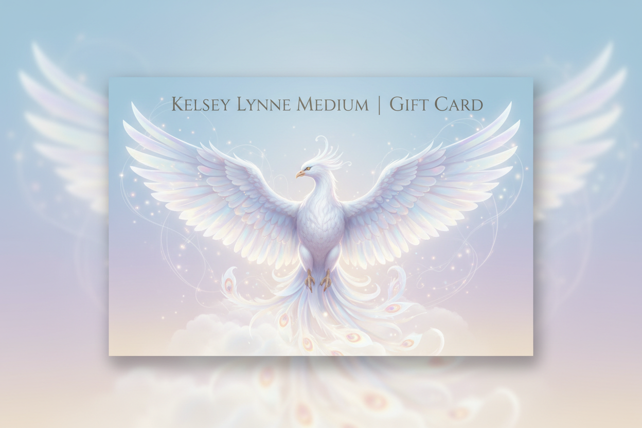a serene gift card with a white phoenix and no code on front. it says "Kelsey Lynne Medium | Gift Card"
